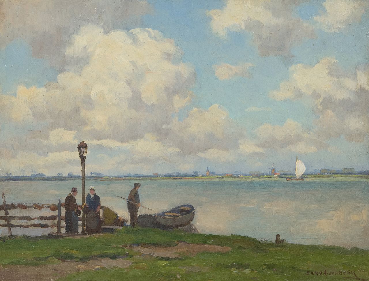 Beek B.A. van | Bernardus Antonie van Beek, Weids riviergezicht met voetveer, olieverf op board 30,1 x 39,5 cm, gesigneerd rechtsonder