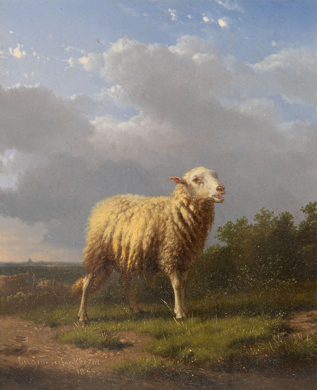 Verboeckhoven E.J.  | Eugène Joseph Verboeckhoven, Schaap in een landschap, olieverf op paneel 17,6 x 14,4 cm, gesigneerd linksonder en gedateerd 1855