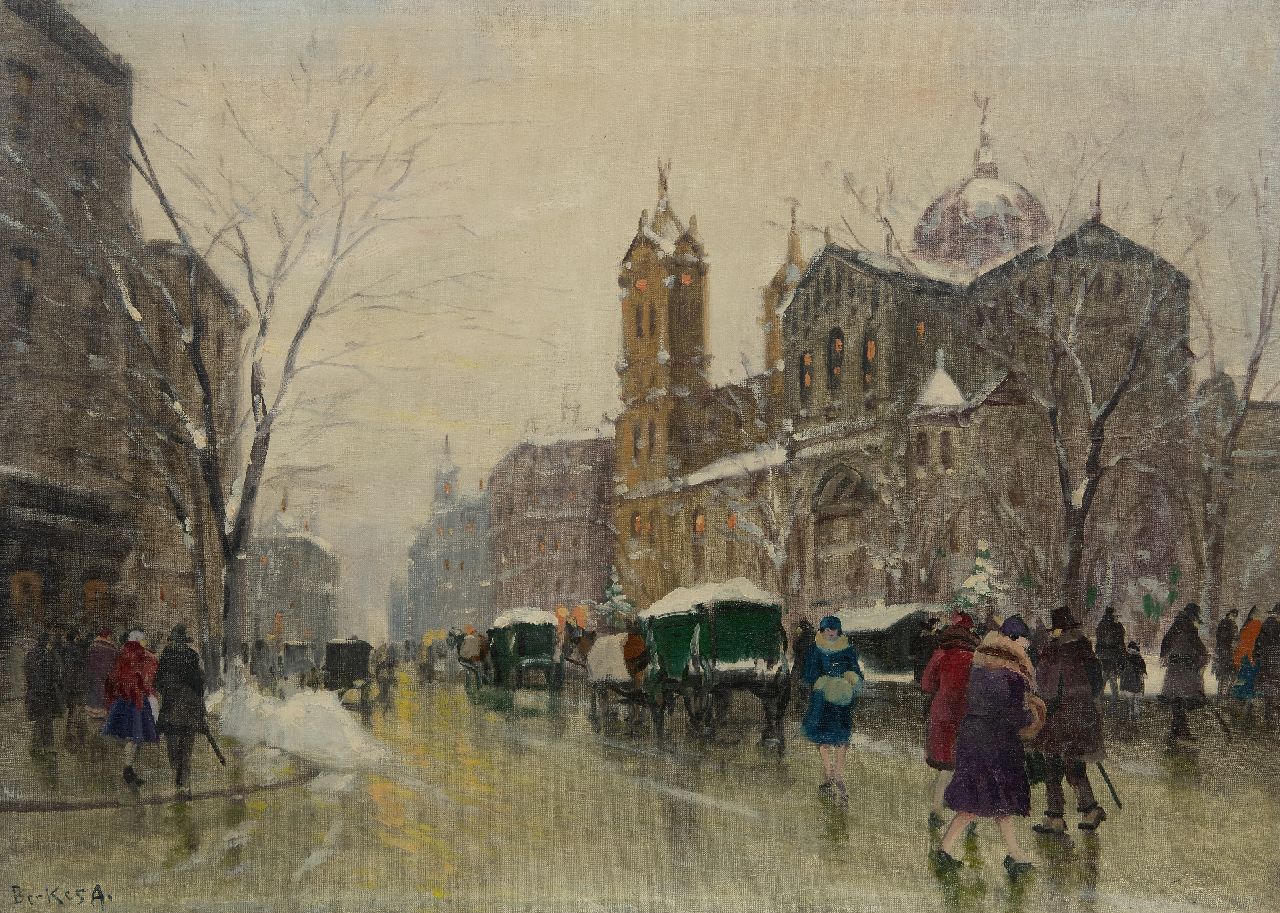 Berkes A.  | Antal Berkes | Schilderijen te koop aangeboden | Winterse boulevard in de sneeuw, olieverf op doek 50,2 x 70,1 cm, gesigneerd linksonder