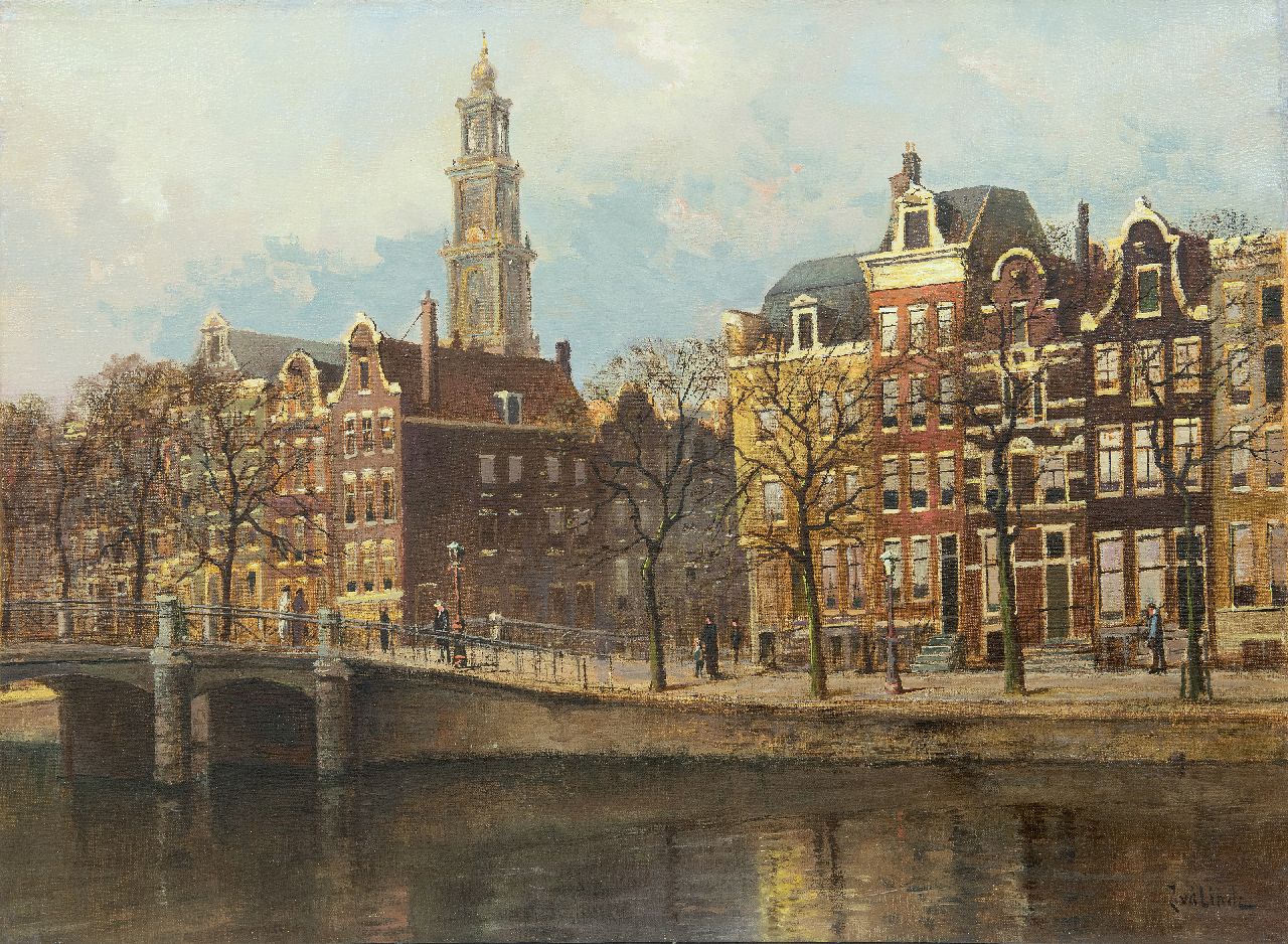 Linde J. van der | Jan van der Linde, Gezicht op Amsterdam met de toren van de Westerkerk, olieverf op doek 58,5 x 79,4 cm, gesigneerd rechtsonder
