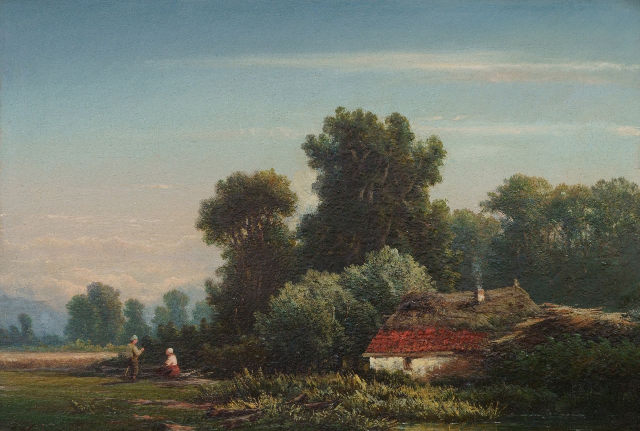 Marinus Heijl | Landvolk bij de bosrand, olieverf op paneel, 21,3 x 30,8 cm, gesigneerd l.o. met initialen