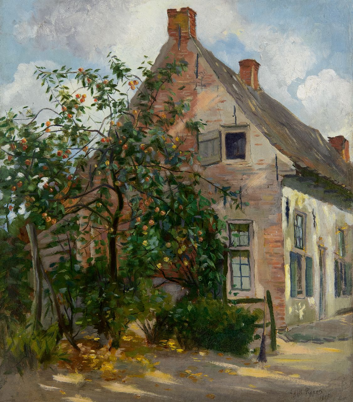 Pijpers E.E.  | 'Edith' Elizabeth Pijpers | Schilderijen te koop aangeboden | Huis met appelboom, olieverf op doek 45,2 x 40,4 cm, gesigneerd rechtsonder en gedateerd 1915