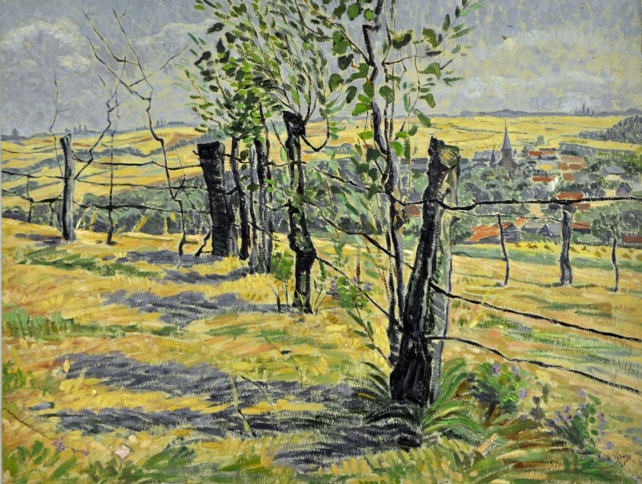 Pijpers E.E.  | 'Edith' Elizabeth Pijpers, Heuvellandschap met dorpje in de verte, olieverf op papier 37,1 x 48,5 cm, gesigneerd rechtsonder