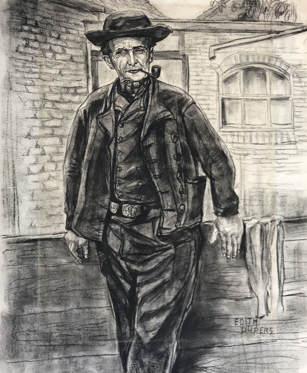 Pijpers E.E.  | 'Edith' Elizabeth Pijpers | Aquarellen en tekeningen te koop aangeboden | Portret van een boer, houtskool op papier 60,2 x 49,9 cm, gesigneerd rechtsonder