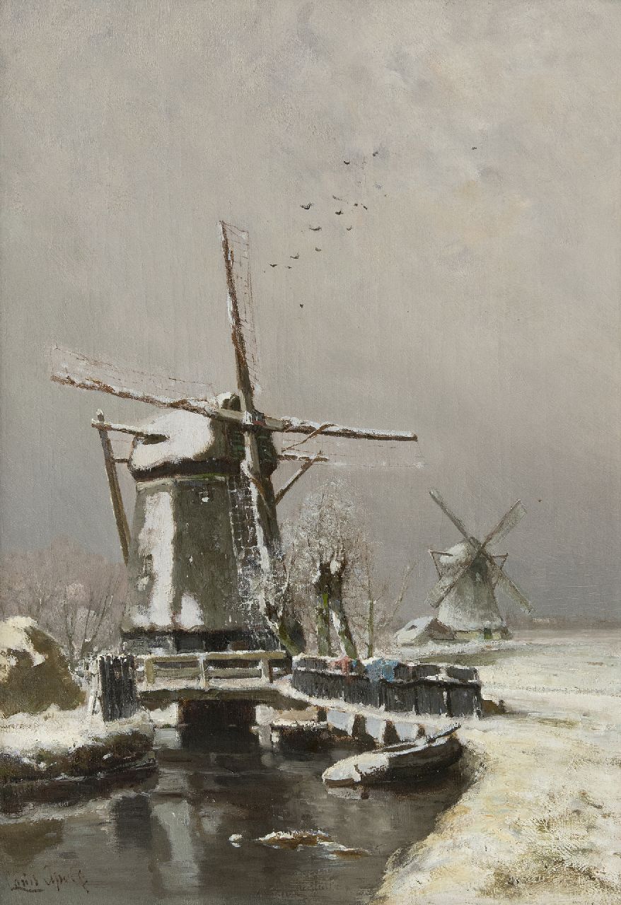 Apol L.F.H. | Lodewijk Franciscus Hendrik 'Louis' Apol, Molens in de winter, olieverf op doek 50,1 x 34,8 cm, gesigneerd linksonder Apol L.F.H. | Lodewijk Franciscus Hendrik 'Louis' Apol, Molens in de winter, olieverf op doek 50,1 x 34,8 cm, gesigneerd linksonder