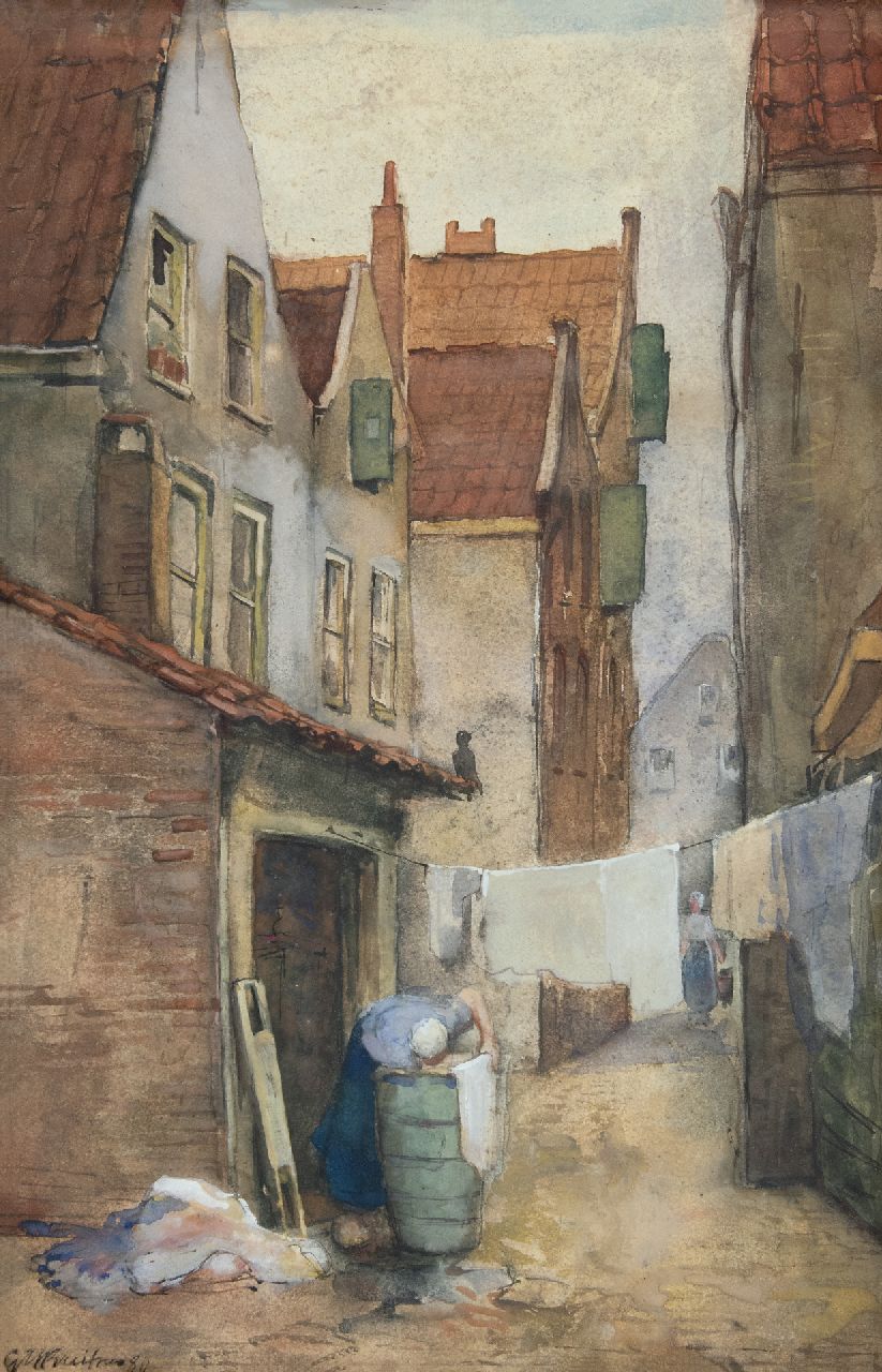 Breitner G.H.  | George Hendrik Breitner, Rotterdams steegje met wasvrouw, aquarel op papier 39,1 x 25,7 cm, gesigneerd linksonder en gedateerd '80