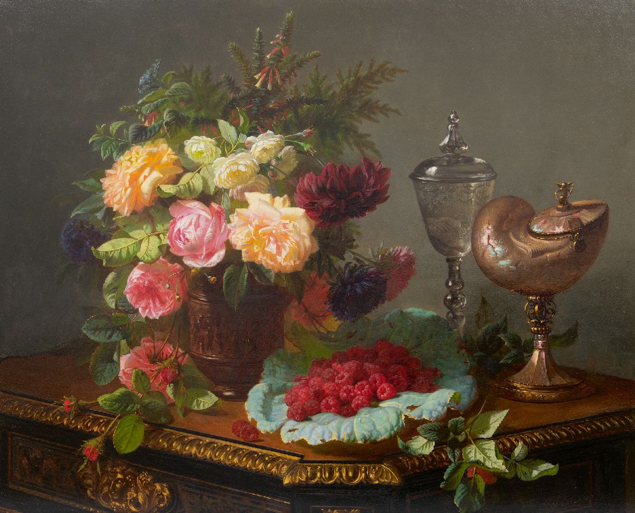 Robie J.B.  | Jean-Baptiste Robie, Stilleven met rozen, vruchten en een nautilusbeker, olieverf op paneel 63,0 x 77,8 cm, gesigneerd rechtsonder