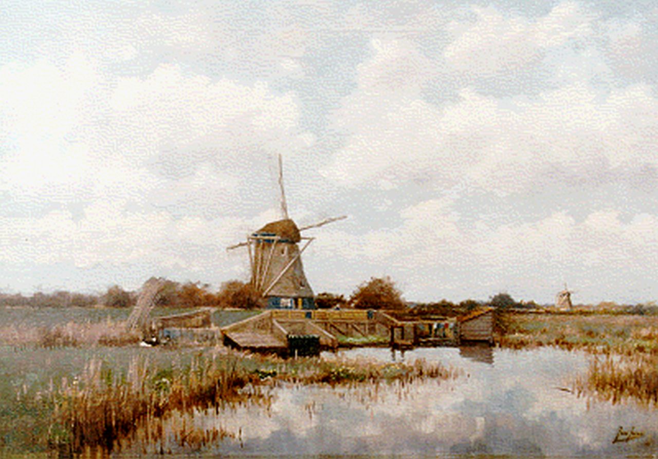 Jans J.  | Jan Jans, Molen bij duinen, olieverf op doek 45,3 x 64,0 cm, gesigneerd rechtsonder en gedateerd '18