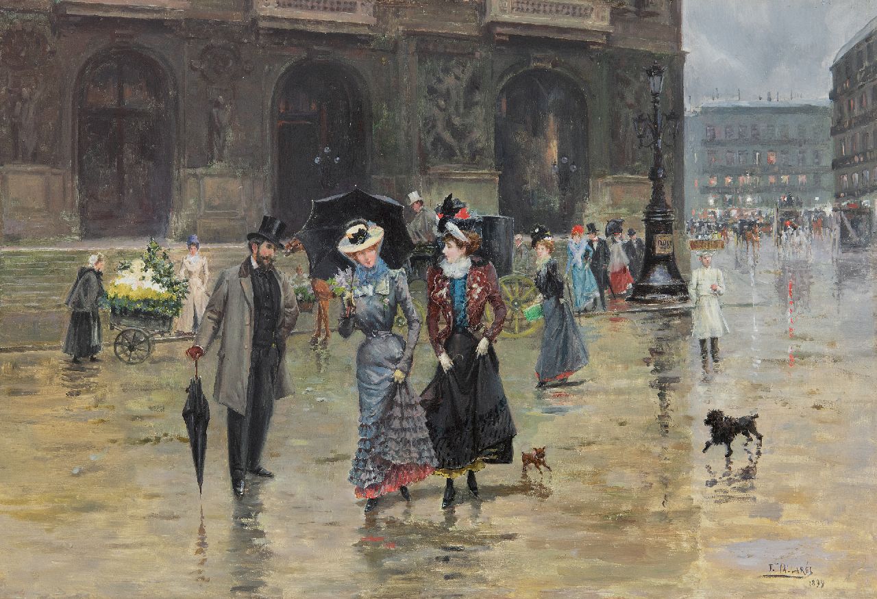 Pallarés y Allustante J.  | Joaquín Pallarés y Allustante | Schilderijen te koop aangeboden | De Place de l'Opéra in Parijs, olieverf op paneel 37,6 x 55,1 cm, gesigneerd rechtsonder en gedateerd 1899
