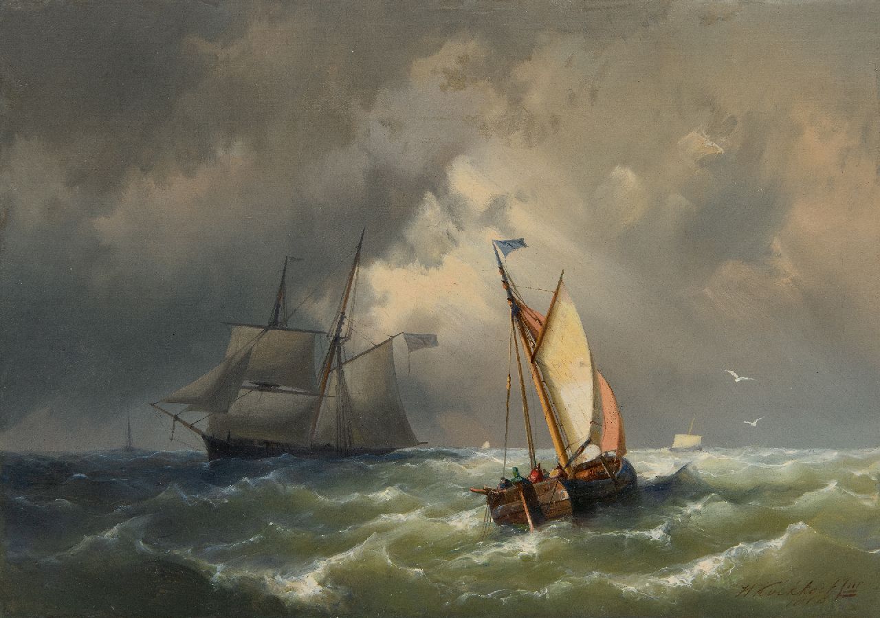 Koekkoek jr. H. | Hermanus Koekkoek jr., Laverende zeilschepen op ruwe zee, olieverf op doek 25,3 x 35,3 cm, gesigneerd rechtsonder en gedateerd 1860 Koekkoek jr. H. | Hermanus Koekkoek jr., Laverende zeilschepen op ruwe zee, olieverf op doek 25,3 x 35,3 cm, gesigneerd rechtsonder en gedateerd 1860