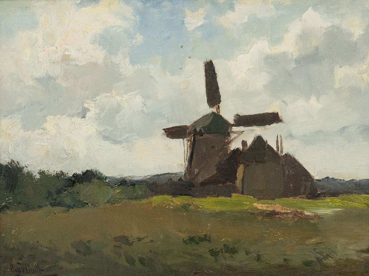 Windt Ch. van der | Christophe 'Chris' van der Windt, Landschap met poldermolen, olieverf op doek op paneel 22,3 x 28,2 cm, gesigneerd linksonder