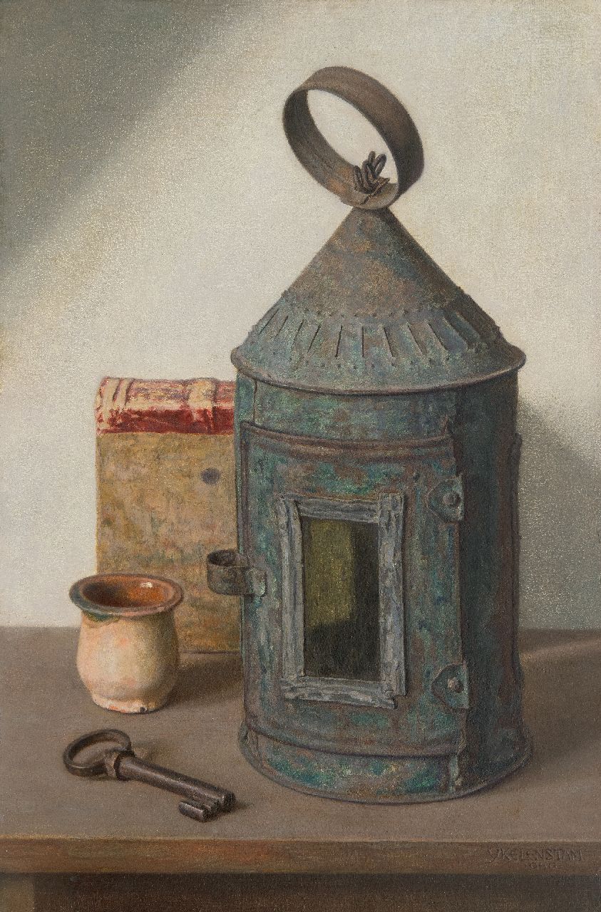 IJkelenstam H.  | Hendrikus IJkelenstam | Schilderijen te koop aangeboden | Stilleven met lantaarn, olieverf op paneel 46,4 x 30,7 cm, gesigneerd rechtsonder en gedateerd 1940