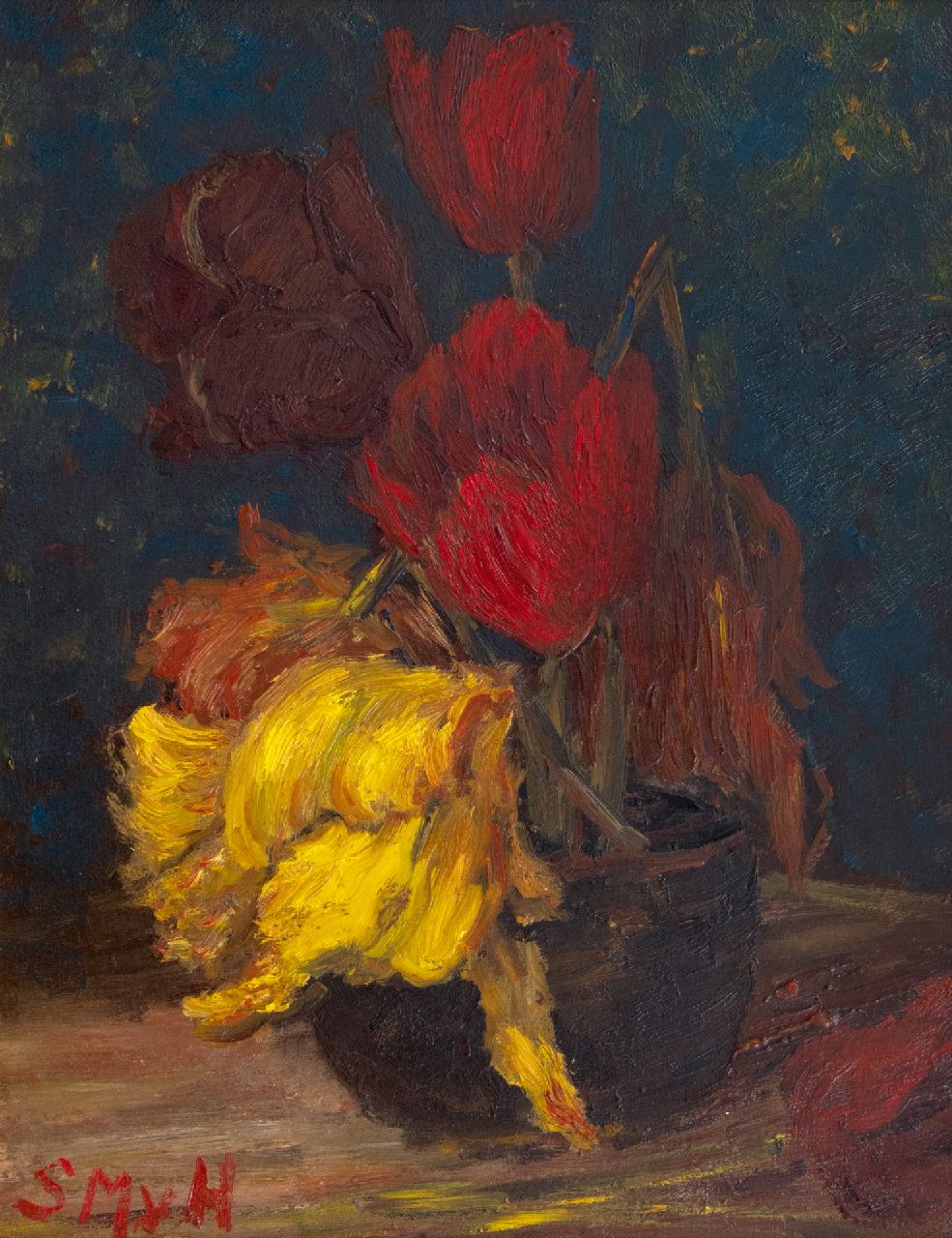 Mesdag-van Houten S.  | Sina 'Sientje' Mesdag-van Houten, Tulpen in een pot, olieverf op paneel 36,1 x 27,3 cm, gesigneerd linksonder met initialen