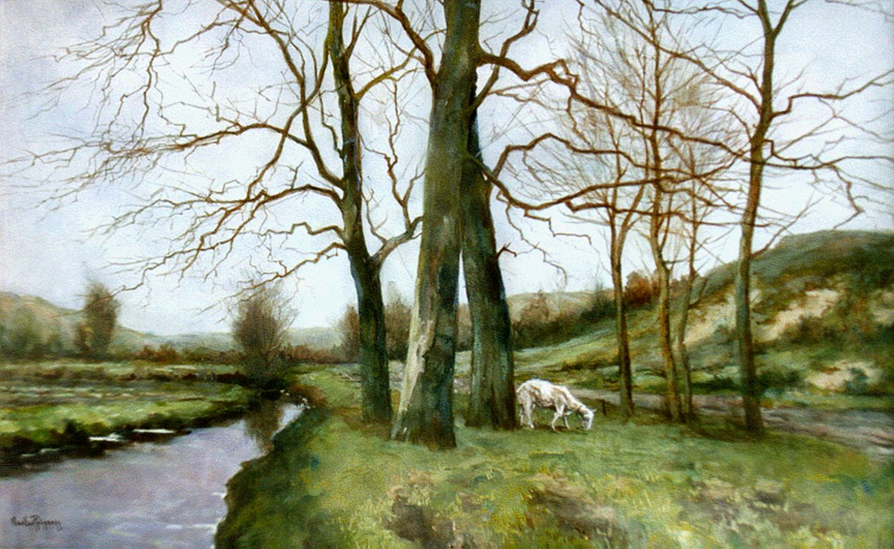 Rhijnnen J. van | Johannes 'Jan' van Rhijnnen, Landschap met geitje, aquarel op papier 34,0 x 53,0 cm, gesigneerd linksonder