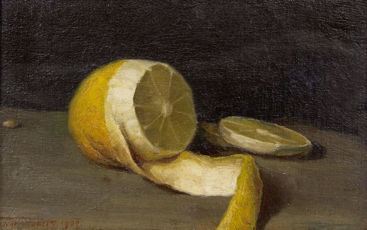 Wittenberg J.H.W.  | 'Jan' Hendrik Willem Wittenberg, Stilleven met een citroen, olieverf op doek op board 11,5 x 18,0 cm, gesigneerd linksonder en gedateerd 1909