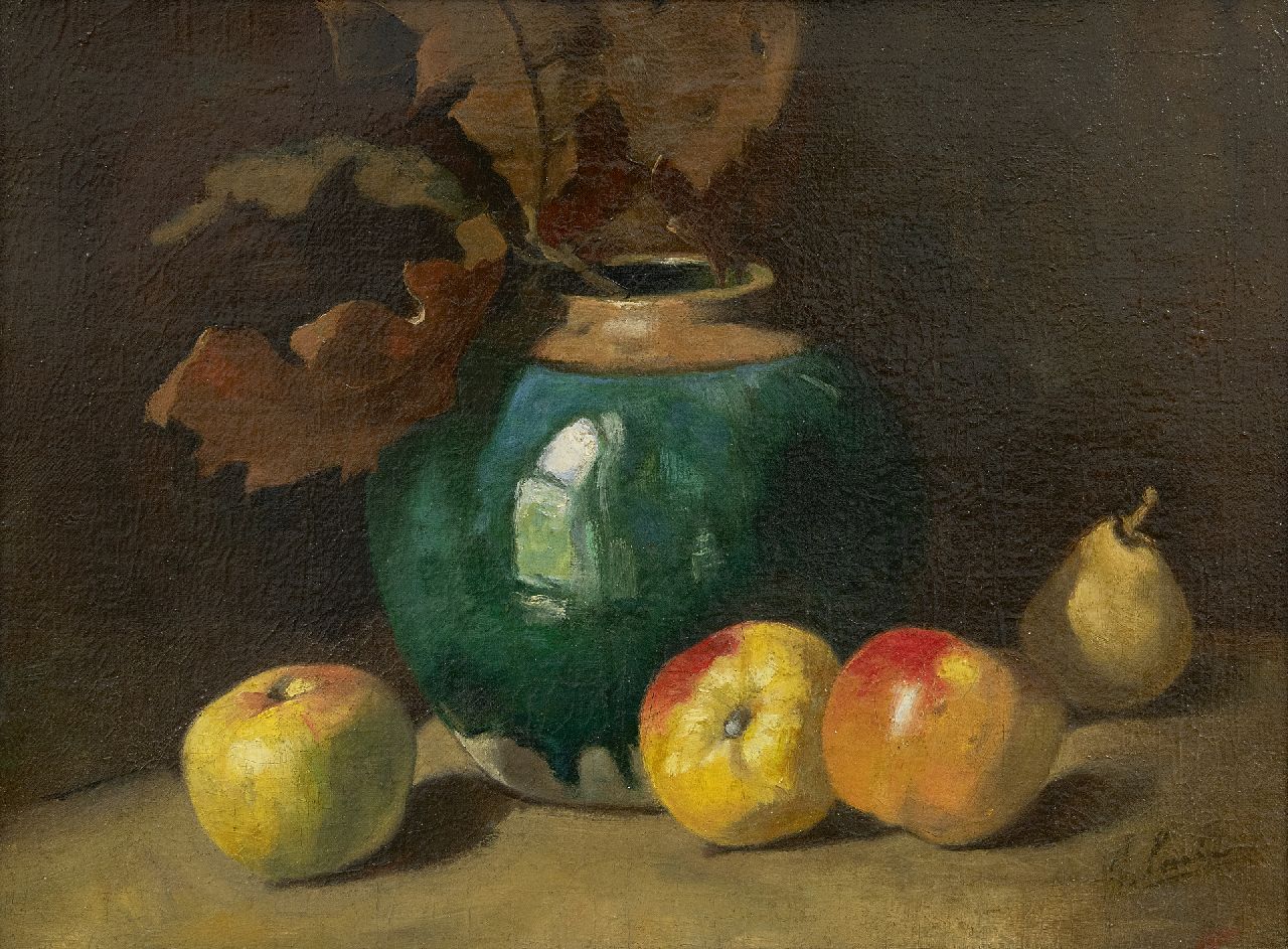 Surie J.  | Jacoba 'Coba' Surie, Herfststilleven met gemberpot en appels, olieverf op doek 31,3 x 41,5 cm, gesigneerd rechtsonder
