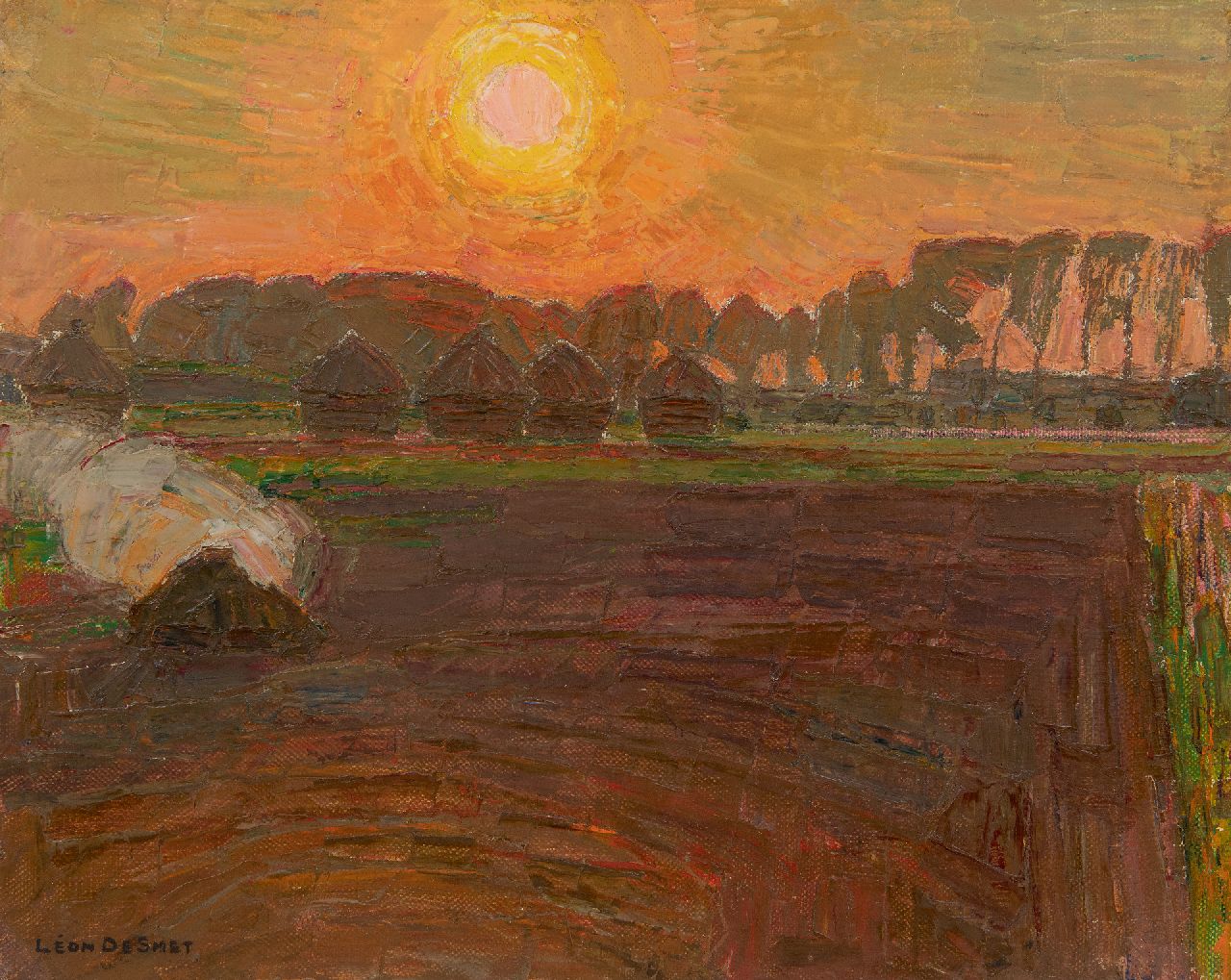 Smet L. De | Léon De Smet | Schilderijen te koop aangeboden | Landschap bij zonsondergang, olieverf op doek 48,5 x 60,7 cm, gesigneerd linksonder