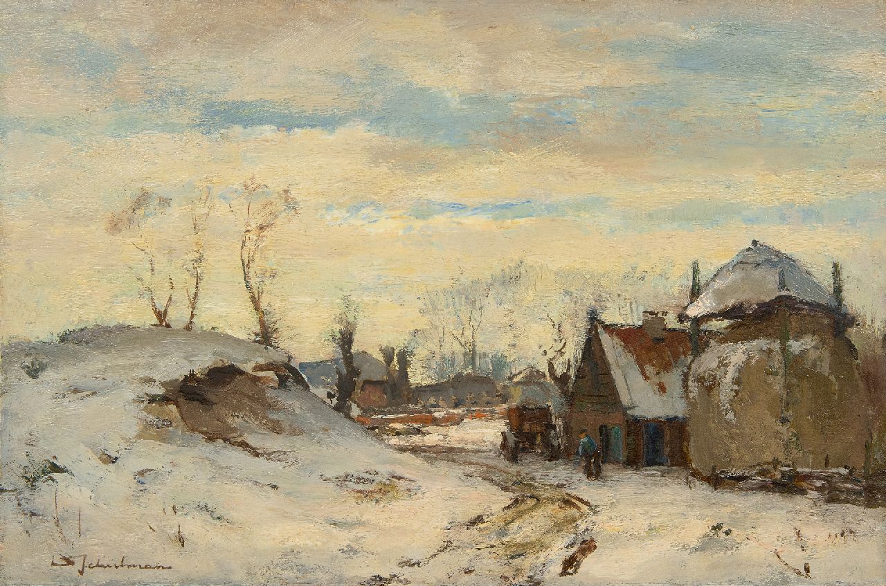 Schulman D.  | David Schulman | Schilderijen te koop aangeboden | Laren in de sneeuw, olieverf op paneel 30,3 x 45,0 cm, gesigneerd linksonder