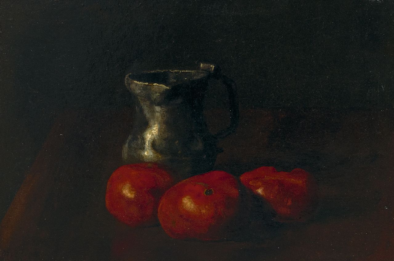 Jungmann M.J.B.  | 'Maarten' Johannes Balthasar Jungmann | Schilderijen te koop aangeboden | Stilleven met tinnen kan en tomaten, olieverf op paneel 23,7 x 32,9 cm, gesigneerd linksonder