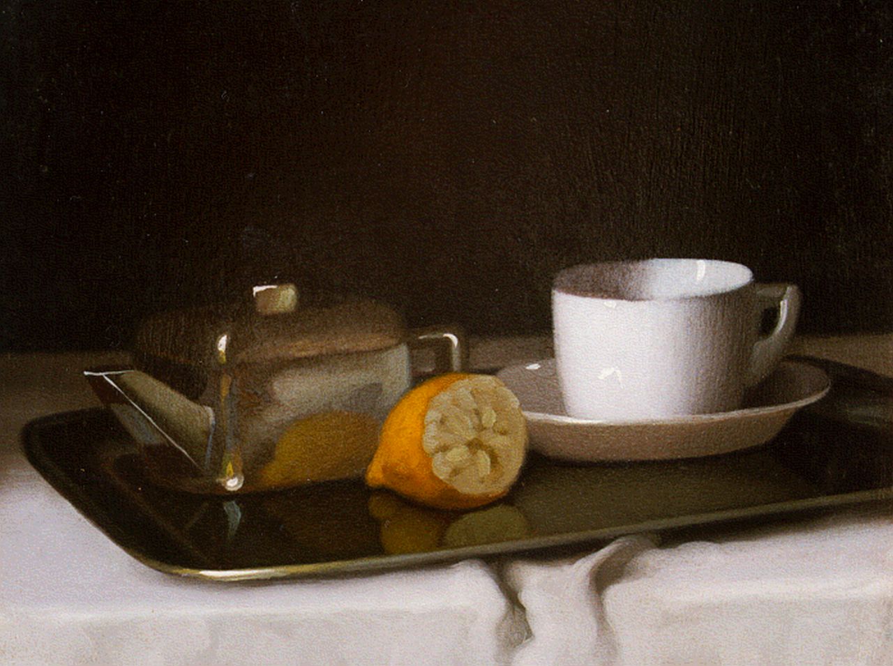 Pentelei Molnar J.  | Janos Pentelei Molnar, Stilleven met theeservies en citroen, olieverf op paneel 21,8 x 26,7 cm, gesigneerd linksonder
