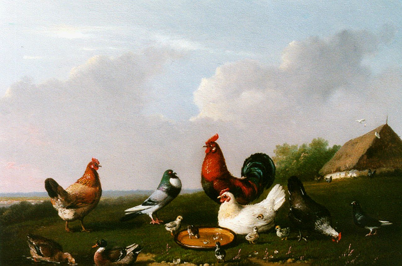 Severdonck F. van | Frans van Severdonck, Gevogelte bij het water, olieverf op paneel 17,8 x 24,1 cm, gesigneerd rechtsonder en gedateerd 1870