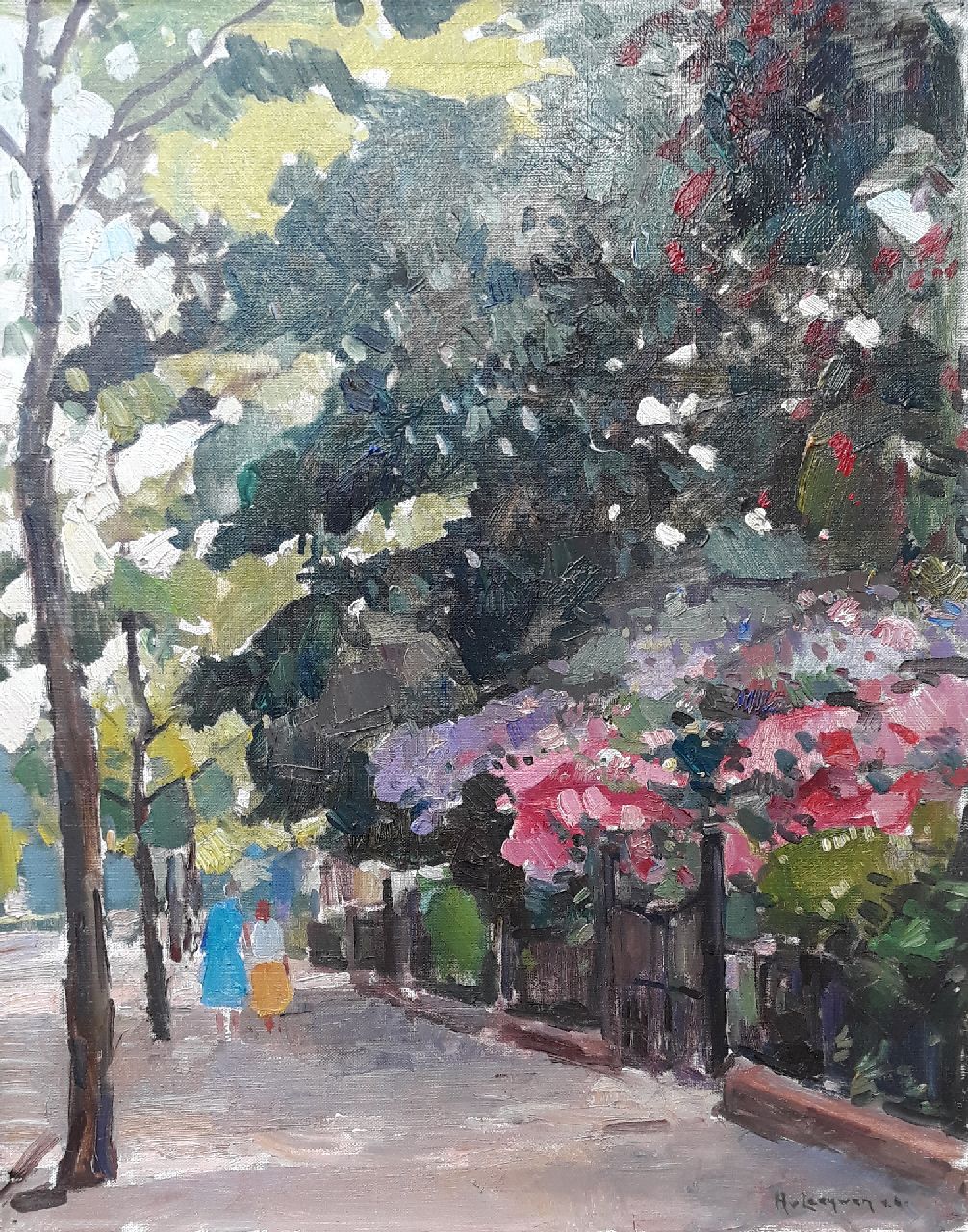 Leeuwen H. van | Hendrik 'Henk' van Leeuwen, Figuren in zonnig laantje, olieverf op doek 50,3 x 40,1 cm, gesigneerd rechtsonder