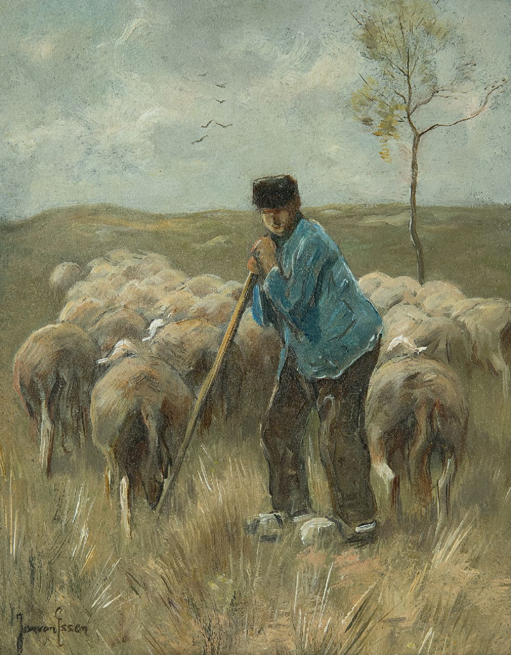 Essen J.C. van | Johannes Cornelis 'Jan' van Essen, Herder met schapen, olieverf op koper 20,0 x 16,0 cm, gesigneerd linksonder