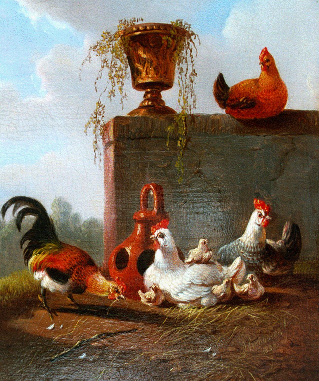 Verhoesen A.  | Albertus Verhoesen, Pluimvee bij stenen pot, olieverf op paneel 12,1 x 10,2 cm, gesigneerd  rechtsonder en gedateerd 1857