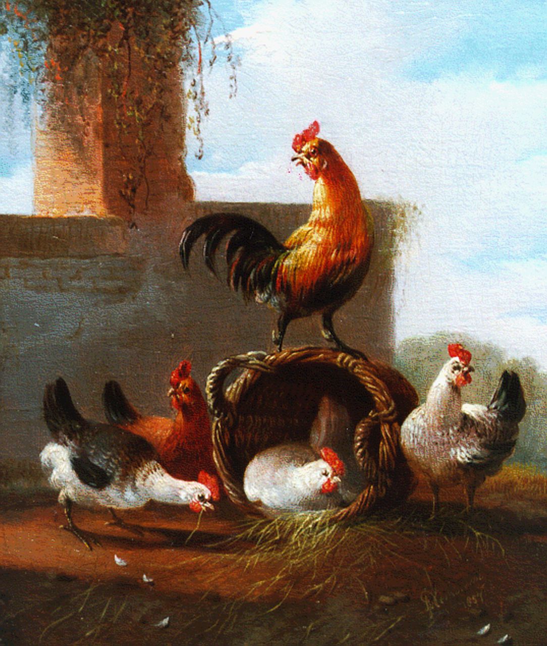 Verhoesen A.  | Albertus Verhoesen, Pluimvee bij mand, olieverf op paneel 12,1 x 10,2 cm, gesigneerd  rechtsonder en gedateerd 1857