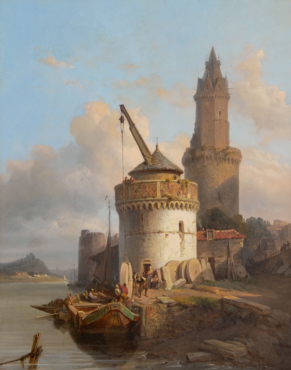 Bossuet F.A.  | François Antoine Bossuet, Het laden van molenstenen in Andernach aan de Rijn, olieverf op paneel 39,5 x 31,0 cm, gesigneerd op de boeg van het schip