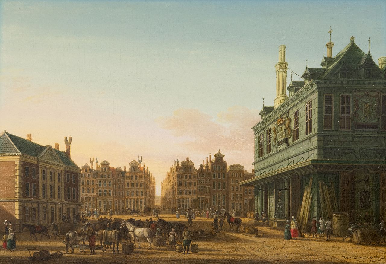 Fargue P.C. la | Paulus Constantijn la Fargue, Gezicht op de Dam met de Oude Waag in Amsterdam, gezien naar de Beurssteeg, olieverf op paneel 31,3 x 45,8 cm, gesigneerd rechtsonder en gedateerd 1780