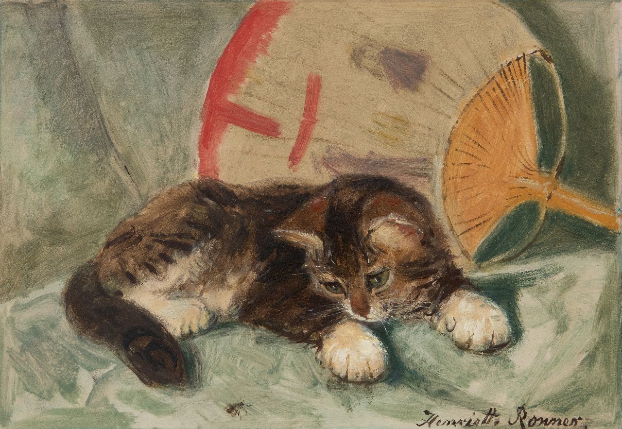 Ronner-Knip H.  | Henriette Ronner-Knip, Jong katje met een vlieg, olieverf op papier op board 21,8 x 31,2 cm, gesigneerd rechtsonder