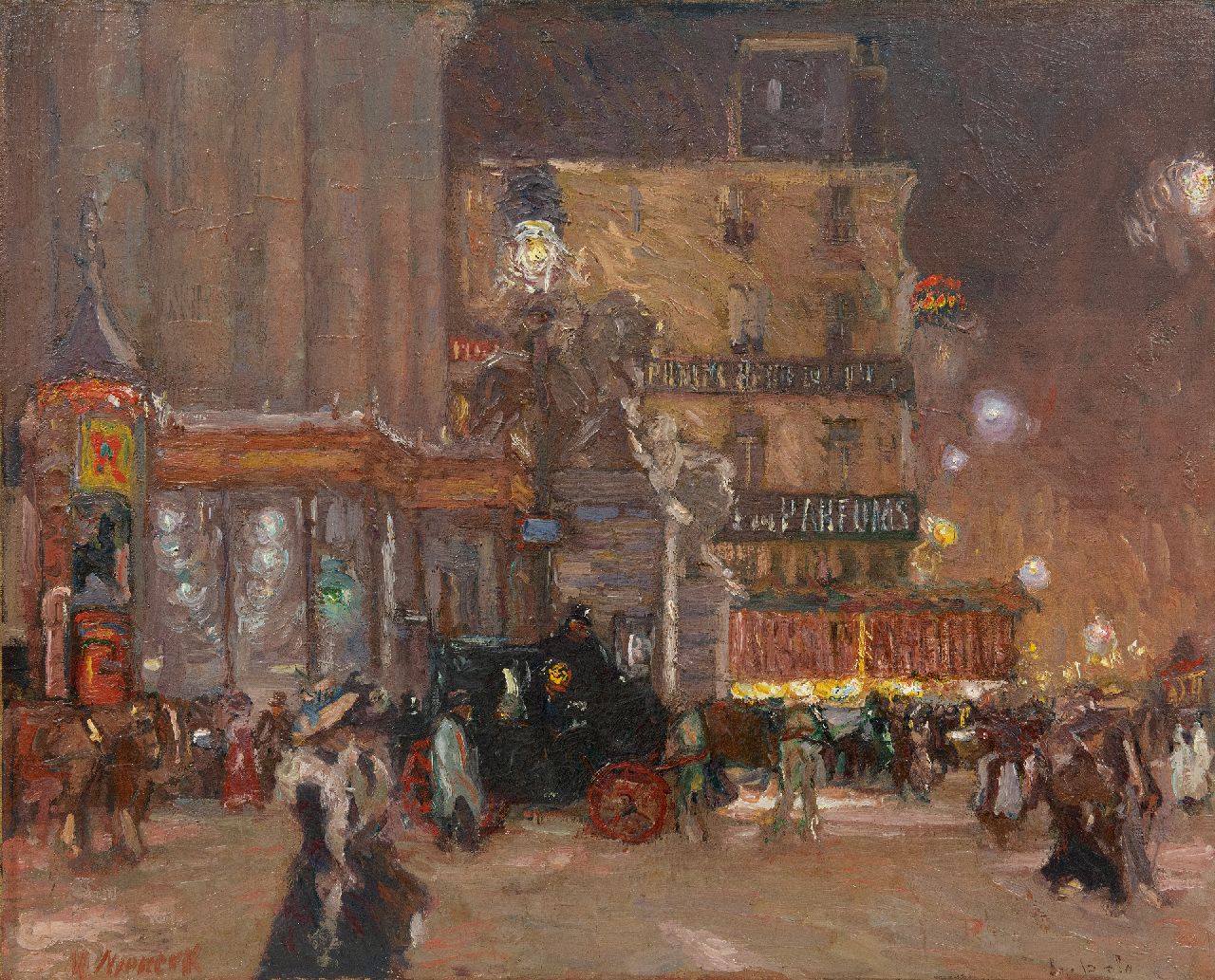 Niekerk M.J.  | 'Maurits' Joseph Niekerk, Uitgaansavond op de Place de la Bourse in Brussel, olieverf op doek op paneel 55,9 x 70,0 cm, gesigneerd linksonder en te dateren ca. 1903-1908