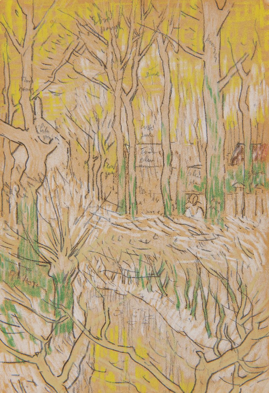 Toorop J.Th.  | Johannes Theodorus 'Jan' Toorop, Meertje omringd door bomen met boerderijen in de verte, zwart en gekleurd krijt op papier 16,4 x 11,3 cm