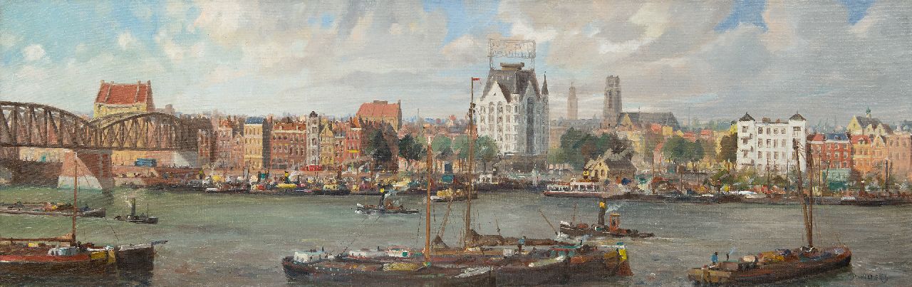 Welther H.  | Hendrik 'Henk' Welther, Panorama van Rotterdam met het Witte Huis en links de Oude Spoorbrug, olieverf op doek 40,1 x 125,1 cm, gesigneerd rechtsonder
