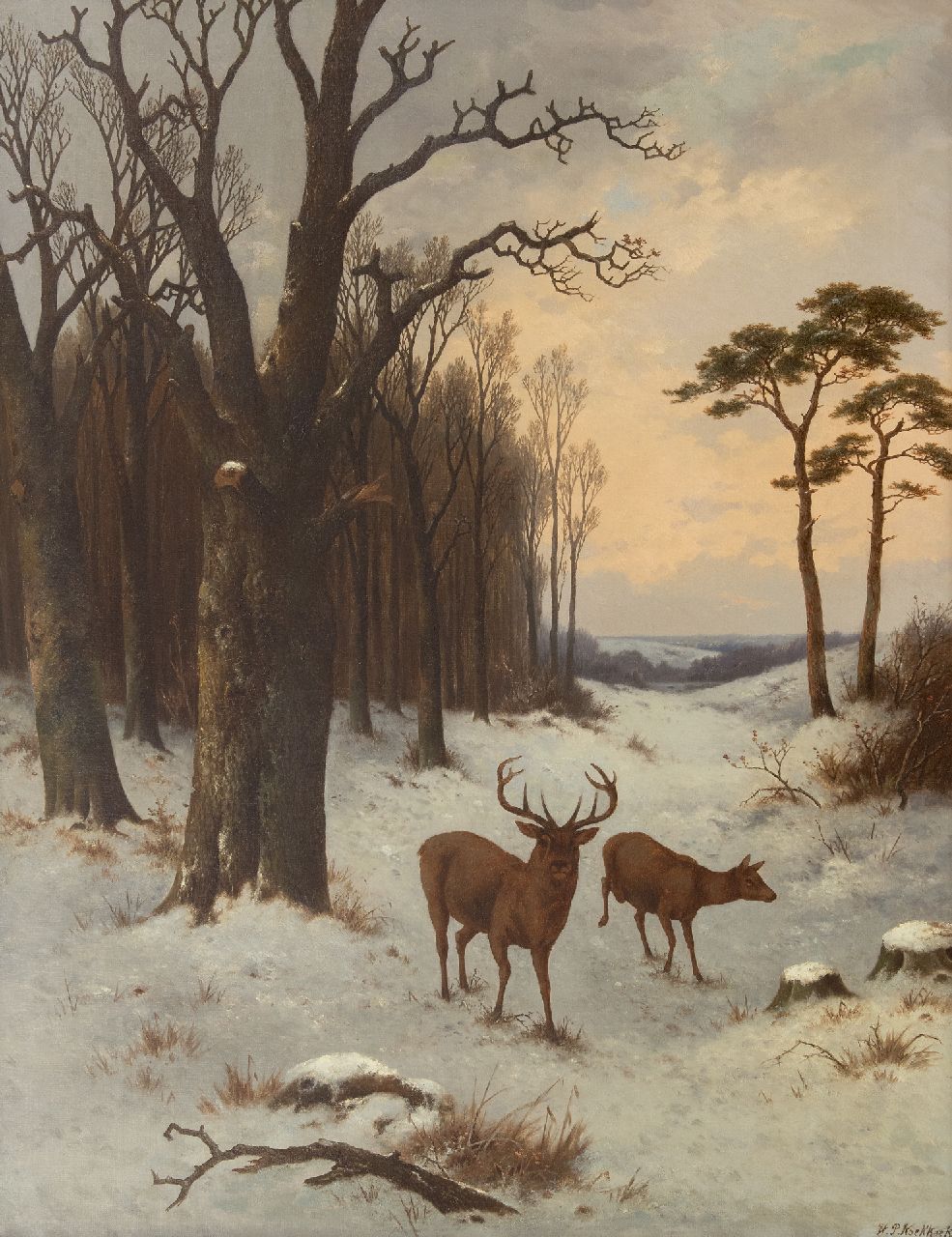 Hendrik Pieter Koekkoek | Herten in sneeuwlandschap, olieverf op doek, 91,6 x 70,8 cm, gesigneerd r.o. en te dateren ca. 1870