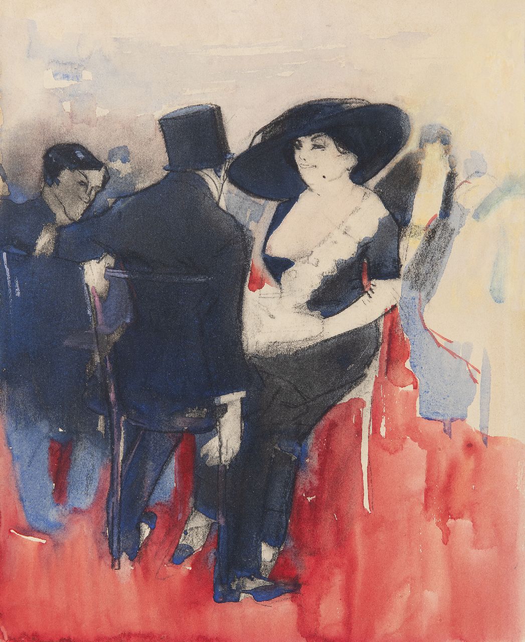 Hem P. van der | Pieter 'Piet' van der Hem | Aquarellen en tekeningen te koop aangeboden | In het café, houtskool en aquarel op papier 33,0 x 27,0 cm