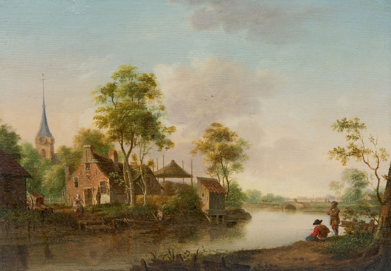 Hollandse School, 18e eeuw   | Hollandse School, 18e eeuw | Schilderijen te koop aangeboden | Hollands landschap, olieverf op paneel 32,3 x 45,8 cm