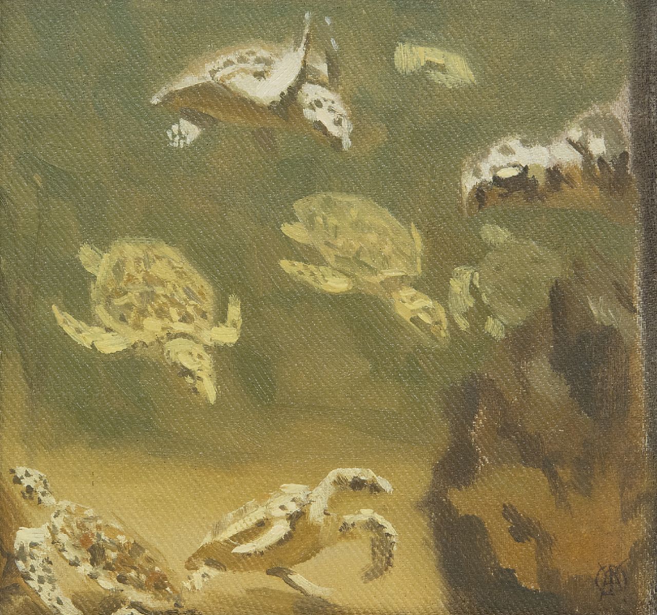 Dijsselhof G.W.  | Gerrit Willem Dijsselhof | Schilderijen te koop aangeboden | Waterschildpadjes, olieverf op paneel 15,0 x 15,0 cm, gesigneerd rechtsonder met monogram
