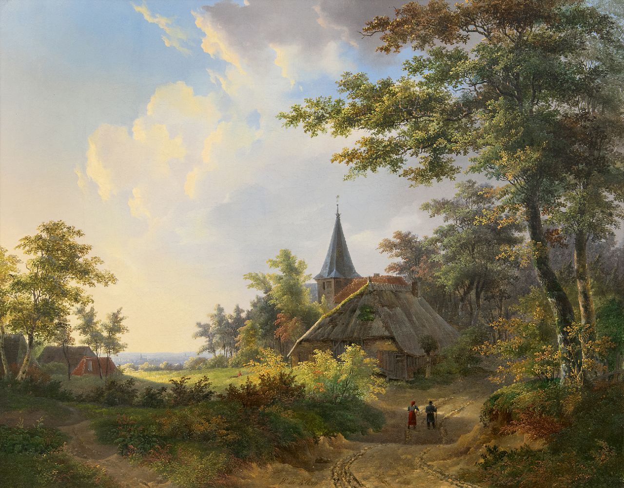Klerk W. de | Willem de Klerk | Schilderijen te koop aangeboden | Landvolk op een bospad bij een kerkje, olieverf op doek 56,4 x 71,5 cm, gesigneerd middenonder