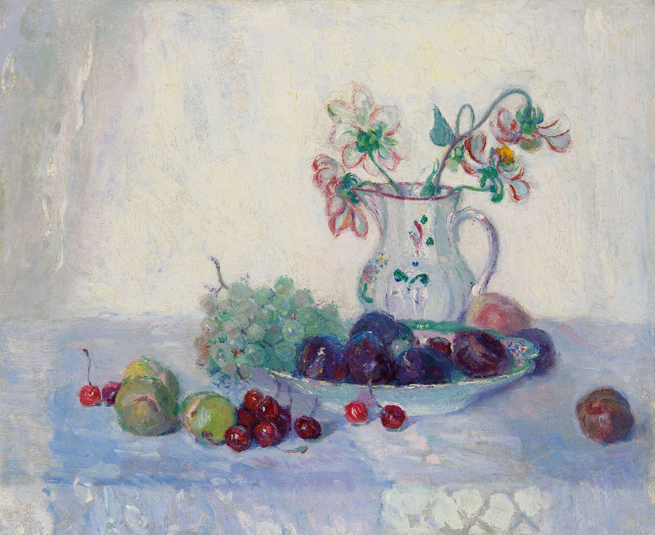 Niekerk M.J.  | 'Maurits' Joseph Niekerk, Stilleven met fruit en kan met bloemen, olieverf op doek 46,1 x 55,4 cm, gesigneerd linksonder op doekomslag