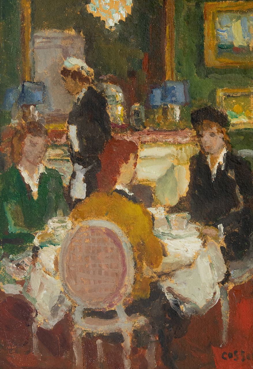 Cosson J.L.M.  | Jean Louis 'Marcel' Cosson | Schilderijen te koop aangeboden | In het restaurant, olieverf op schildersboard 34,8 x 24,1 cm, gesigneerd rechtsonder