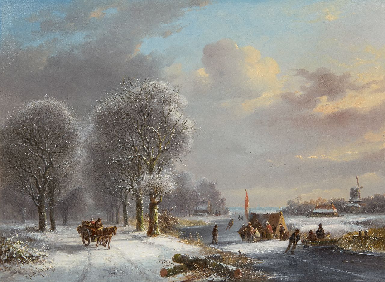 Stok J. van der | Jacobus van der Stok, Winterlandschap met schaatsers bij een koek-en-zopietent, olieverf op paneel 41,0 x 55,5 cm, gesigneerd linksonder en gedateerd '52