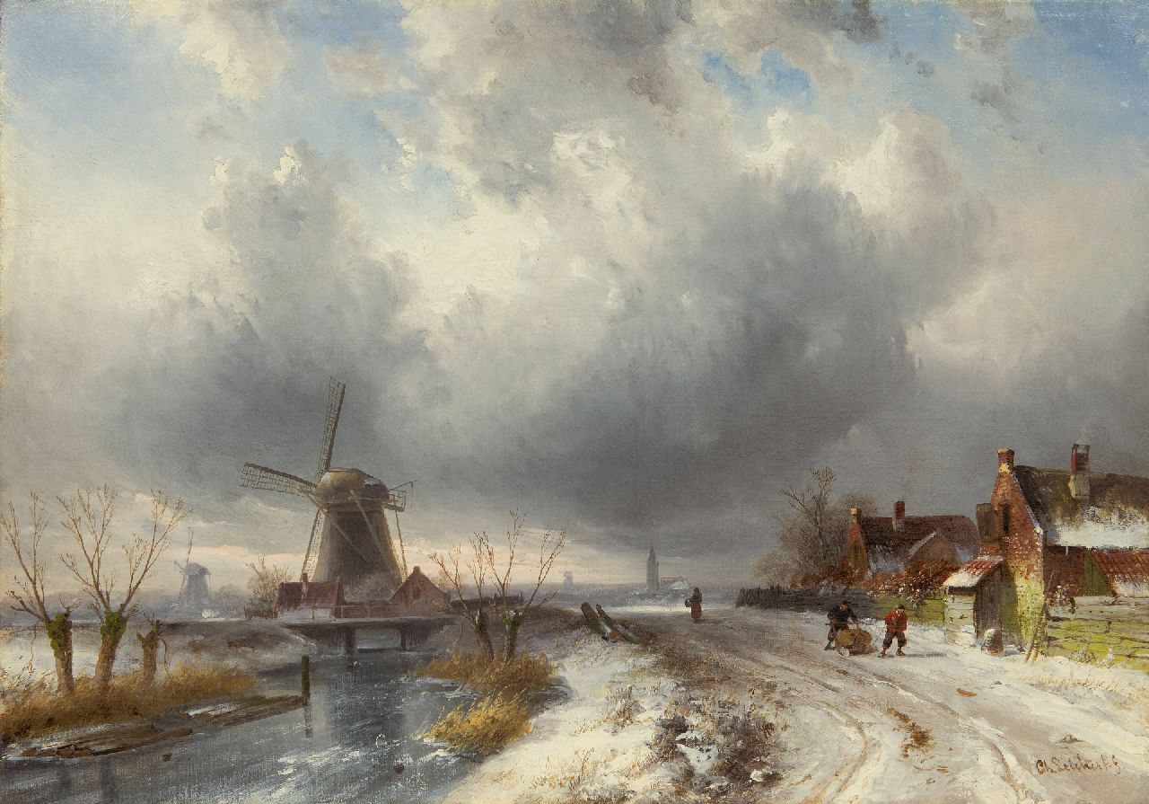 Leickert C.H.J.  | 'Charles' Henri Joseph Leickert, Weids winterlandschap met figuren op besneeuwd pad, olieverf op doek 44,0 x 62,7 cm, gesigneerd rechtsonder