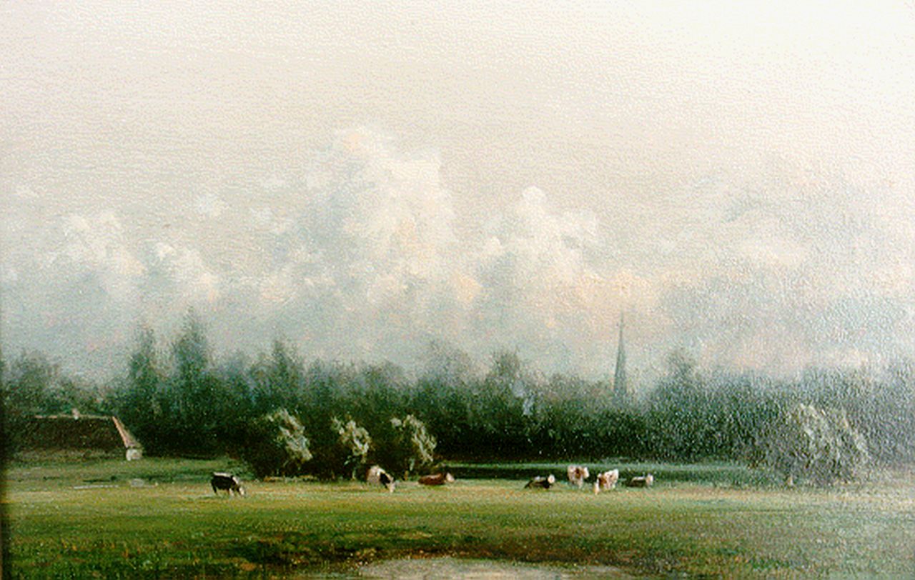 Destrée J.J.  | Johannes Josephus Destrée, Polderlandschap met grazend vee, olieverf op paneel 14,5 x 22,0 cm, gesigneerd rechtsonder