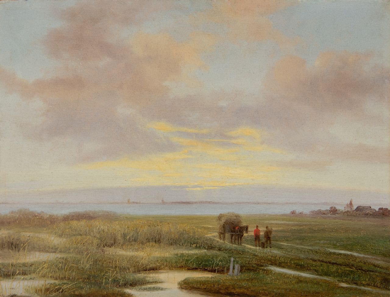 Roosenboom N.J.  | Nicolaas Johannes Roosenboom | Schilderijen te koop aangeboden | Rietsnijders met paard en wagen in weids landschap, olieverf op paneel 20,5 x 27,0 cm, gesigneerd rechtsonder