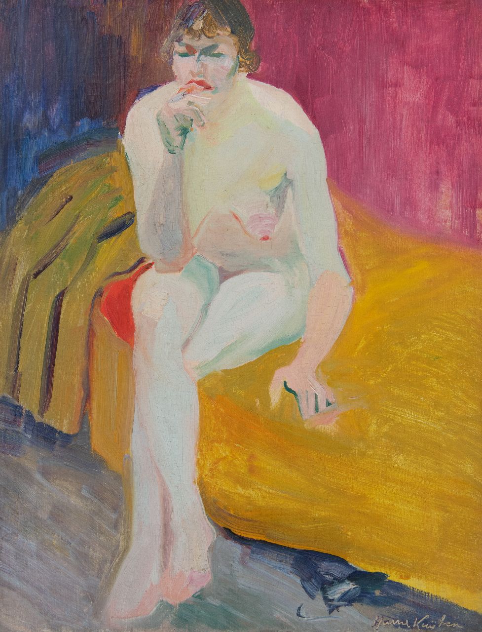 Kuijten H.J.  | Henricus Johannes 'Harrie' Kuijten | Schilderijen te koop aangeboden | Vrouwelijk naakt zittend op een bank, olieverf op doek 53,0 x 40,7 cm, gesigneerd rechtsonder