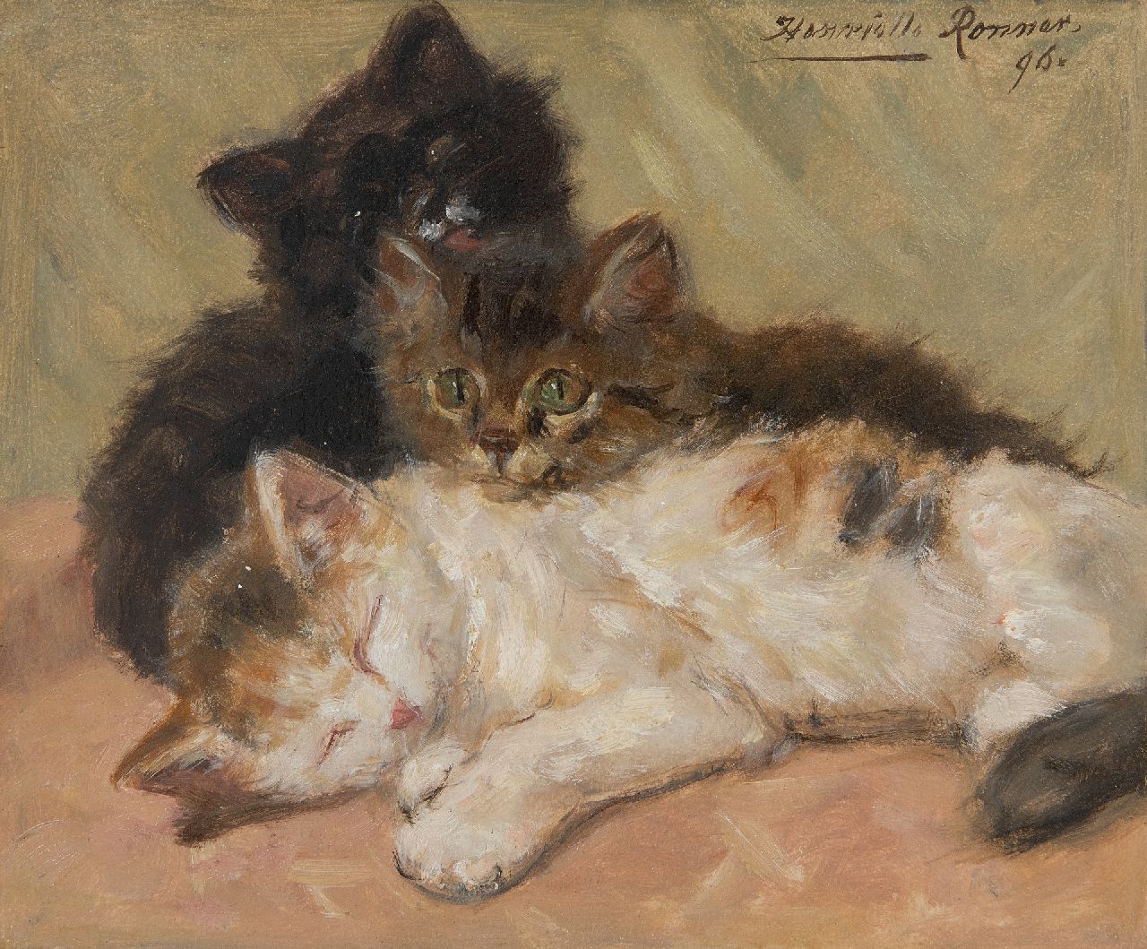 Ronner-Knip H.  | Henriette Ronner-Knip, Drie kittens, olieverf op papier op paneel 19,0 x 22,5 cm, gesigneerd rechtsboven en gedateerd '96