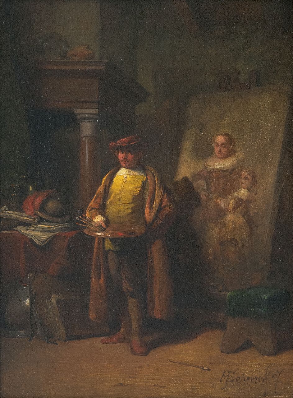Scheeres H.J.  | Hendricus Johannes Scheeres | Schilderijen te koop aangeboden | Rembrandt in zijn atelier, olieverf op paneel 20,5 x 15,0 cm, gesigneerd rechtsonder en gedateerd '57