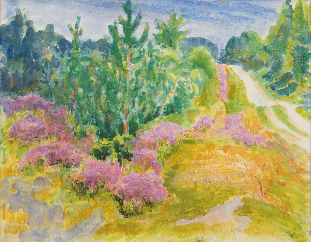 Altink J.  | Jan Altink, Landweg door dennenbos en bloeiende heide, aquarel op papier 54,9 x 69,8 cm
